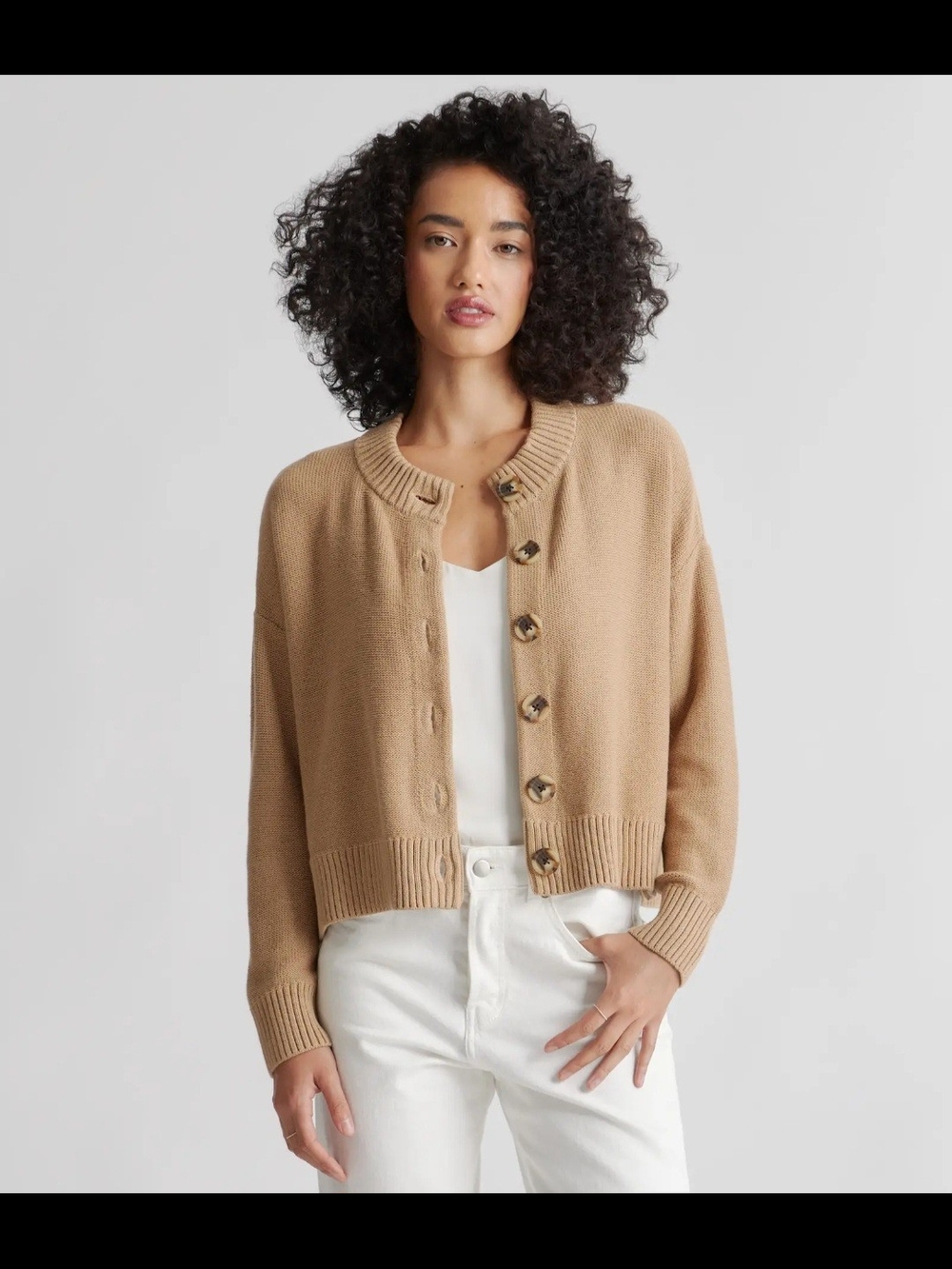 Quince Organic Cropped Cardigan Camel